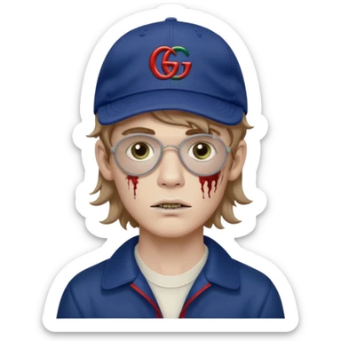 Faça um menino pálido, parecendo um Zumbi, faça esse menino com o cabelo ondulado e meio loiro, faça ele usando um boné escrito Gucci, com uma fonte pequena, e faça umas artes de Gg  sticker
