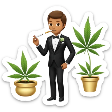 Full body view of a person in fancy clothes sneaking into a wedding ceremony smoking cannabis sticker