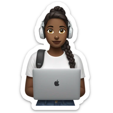 A brunnete girl wearing airpods max and looking at a macbook sticker