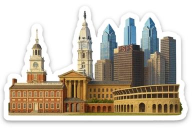 Make Franklin Field Stadium in the Philadelphia emoji more realistic, accurately depicting its two-level structure. Keep the wide city view with Independence Hall, Philadelphia Museum of Art with the Rocky Steps, city skyline, City Hall tower, PSFS building exactly the same. Maintain lifelike detail, accurate colors, bright daytime lighting. Use a fully transparent background with no sky, no clouds, and no imaginary or generic buildings. Style should resemble a realistic cityscape emoji with detailed architecture and accurate representation. sticker