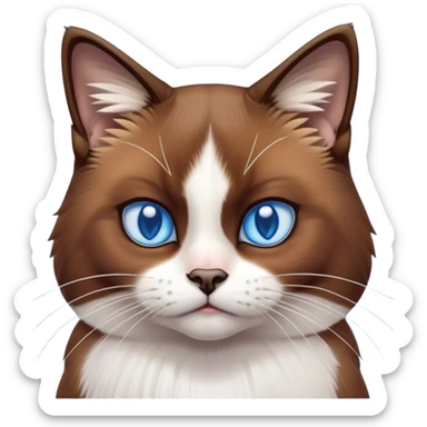 Cinematic Grumpy Brown Mantle Snowshoe Cat Portrait Emoji, Head tilted slightly with a deeply unimpressed expression, rich brown fur blanketing its back, contrasted by its signature white paws, chest, and face, piercing icy-blue eyes narrowed into an unamused glare, Simplified yet comically expressive features, highly detailed, glowing with a dry, sarcastic glow, high shine, effortlessly judgmental yet dignified, stylized with a touch of cynicism, bright but brooding, soft glowing outline, capturing the essence of an eternally unimpressed yet endearing feline, so lifelike it feels like it could sigh heavily at you in disdain at any moment! sticker