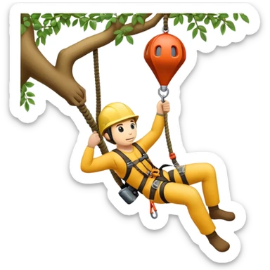 A minimalistic emoji-style illustration of a person climbing a tree using a jumar and a Grigri. The person is wearing a harness and helmet, gripping the rope with the jumar in one hand while the other hand steadies against the tree. The Grigri is attached to the harness, with the rope running through it. The tree has a simple, rounded canopy and a sturdy trunk. The style is clean, small-scale, and optimized for an emoji-like appearance sticker
