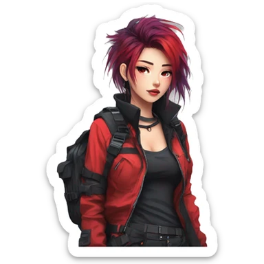 Gorgeous bright colorful techwear anime style lady with blushing face aesthetic and pretty edgy black red punk messy hair with collar and harness trending style sticker
