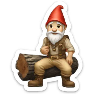 side angle of gnome with light tan pants and light tan boots squatting on top of small brown log sticker