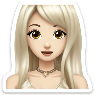 hime gyaru girl with LONG SILKY BLACK HAIR, with beige satin halter top with chest, very pale skin and pretty brown monolid eyes sticker