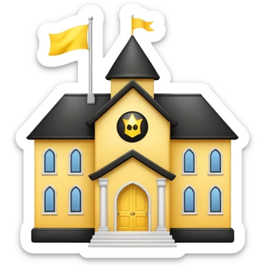 simple magic school, low detail, white background, magic school, black roof, with a big flag, big flag on a roof, big yellow flag, white school sticker