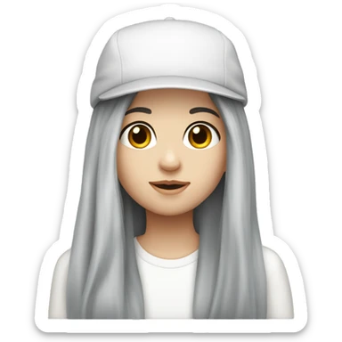 A pale girl with long black hair and hazel eyes with a withe cap sticker