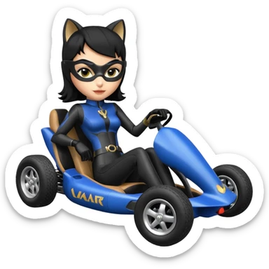 full size real-appearance electric road racing sexy CatWoman’s feminine midnight-colored tight outfit sixty’s tv show dark stealthy accurate sporty safe plush deluxe off-road pursuit drifting car jaguar accents (black hair,reclined and relaxed torso and shoulders back seating position) cross kart  sticker
