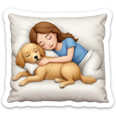 girl with brown hair sleep with white pillow, and hug with a golden retriever sticker