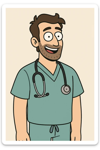 doctor, cartoon style, stethoscope, smiling, blue scrubs sticker