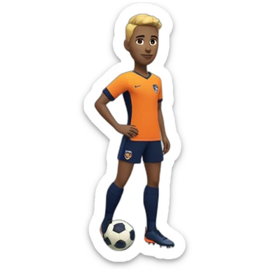 White skinned Soccer player in tangerine top with navy sleeves, navy shorts with tangerine flash, navy socks with tangerine flash  and orange kit sticker