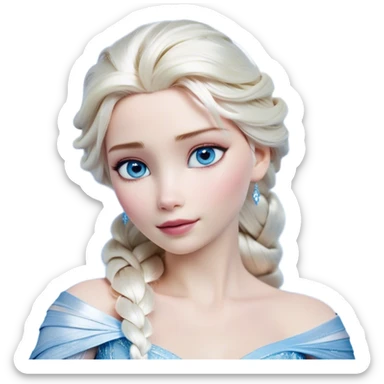 Cinematic Realistic Elsa Portrait, depicted with lifelike skin texture, soft natural lighting, and intricately detailed platinum blonde hair styled elegantly. Her striking, expressive blue eyes exude confidence and grace, complemented by a serene and regal expression. She is dressed in her signature icy attire, with shimmering fabric textures and delicate folds that catch the light beautifully. The portrait features a soft, enchanting glow with a cool, radiant finish, capturing the essence of timeless elegance in a realistic and painterly style, evoking a sense of depth and authenticity. sticker