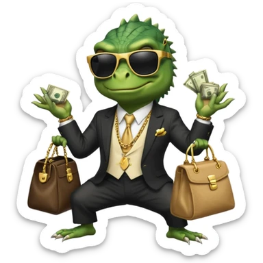 capitalist iguana banker godfather with black sunglasses breakdance with bag sticker