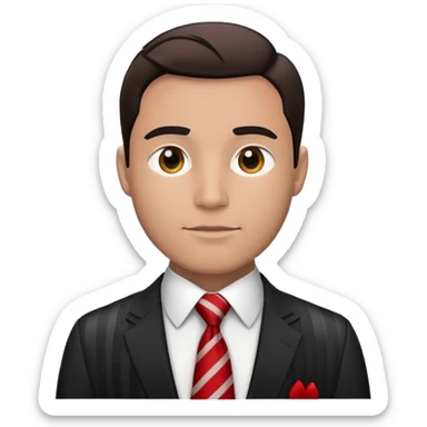 man wearing a suit with black horizontal stripes and a red tie sticker