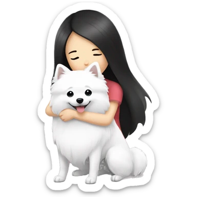 Japanese spitz dog hug black hair girl sticker