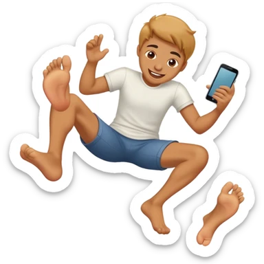 Looking at phone giggling with feet behind kicking sticker