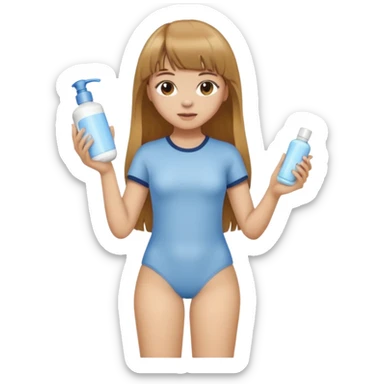 a girl with light skin and medium brown long hair with bangs who is applying lotion to her body show her whole body sticker