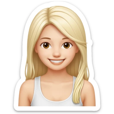 a pretty bratz fair girl with straight long hair, wearing a white noodle strap tank top, smiling sticker