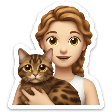 White girl with brown long wavy hair holding a tortoiseshell cat sticker