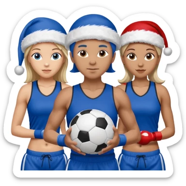 crie a imagem de 3 atletas, um homem no meio e duas mulheres, de modalidades esportivas diferentes, usando elementos esportivos, como por exemplo bola de futebol, luvas de luta e bola de vôlei... e usando um chápeu de papai noel das cores verde e azul e roupas azul sticker