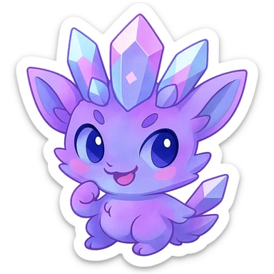 Adjust the chibi kawaii crystal sprite creature to have a balanced mix of purple, blue, and pink colors, keeping the pastel tone. Maintain a mischievous and adorable expression. Remove the background. The style is chibi kawaii crystal sprite with pastel colors. sticker