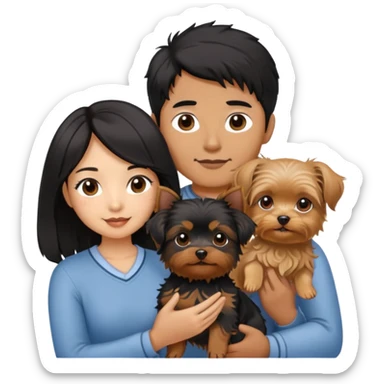 A couple holding holding a small Yorkshire Terrier together. The girl is an Asian girl with long, luscious wavy black hair (loose, no hair tie). She is standing beside a brown-skinned man with a short middle part haircut.  sticker