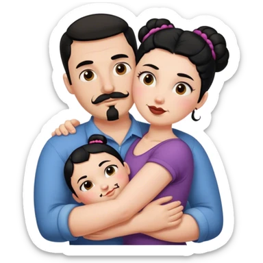 Tall strong white man with dark brown mustache goatee hugging a chubby short pale woman with black hair bun sticker