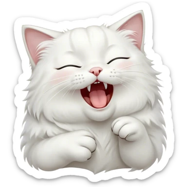 Cinematic Cute Yawning White Cat Portrait Emoji, Head gently tilted with an endearing, wide-open yawn and softly closed eyes, showcasing a pristine white fur with delicate hints of silver, simplified yet irresistibly adorable, highly detailed, glowing with a tender, cozy radiance, high shine, exuding sleepy charm and gentle affection, styled with a soft glowing outline, capturing the essence of a white cat caught mid-yawn, radiating pure, adorable lethargy! sticker