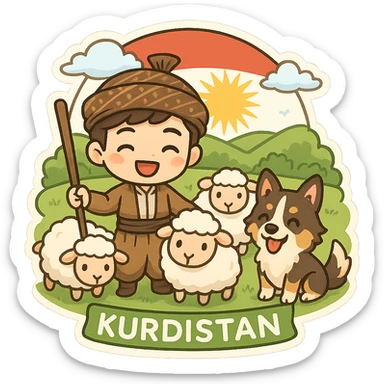 cartoon sticker of a Kurdish shepherd wearing traditional clothes, with sheep and a herding dog, in a lush green pasture of Kurdistan, joyful rural scene, no text, suitable for WhatsApp and Instagram sticker