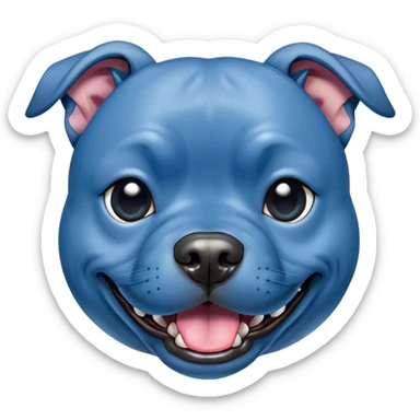 Cinematic Comical Blue Staffordshire Bull Terrier Portrait Emoji, Head tilted dramatically with an exaggeratedly amused expression, featuring a striking blue Fur with a subtle shimmer, wide, expressive dark eyes filled with playful disbelief, Simplified yet hilariously expressive features, highly detailed, glowing with a slightly sassy glow, high shine, dramatic yet playful, stylized with an air of cheeky mischief, bright and endearing, soft glowing outline, capturing the essence of a spirited and over-the-top guardian, so meme-worthy it feels like it could side-eye its way into internet fame instantly! sticker