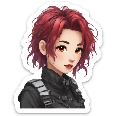 Gorgeous pastel techwear anime style lady with blushing face aesthetic and pretty edgy black red punk messy hair with collar and harness trending style sticker