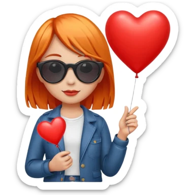 orange hair girl with sun glasses holding red heart balloon sticker