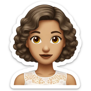 Adult woman with brown eyes, light tanned skin, long wavy dark brown hair, wearing a white lace dress with round collar sticker