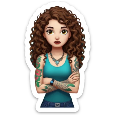 full body view of a woman with long curly brown hair, brown eyes, white skin, tattoos, arms crossed, eyebrow raised, neon forest chaos behind her sticker