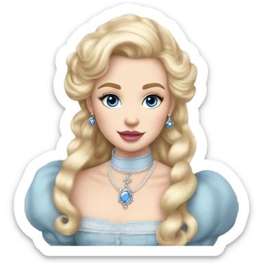 girl with blonde hair pale skin blue eyes. Pink lips blush Smokey eye (but not too much). Vintage blowout with long hair not too curly but still.  princess dress, puffed sleeves and the choker necklace (think Versailles but not too much). sticker