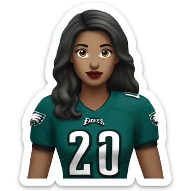 White female long dark hair red lips wearing Philadelphia Eagles jersey sticker