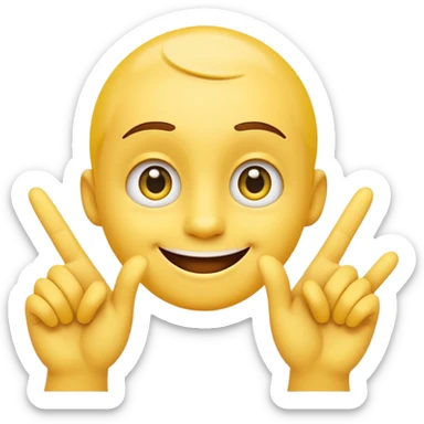 A 2D cartoon-style yellow emoji with a mischievous smile, shaped eyes, and both hands pointing upward with index fingers.  clean digital style, and a fun, dancing expression. Style similar to children’s drawing tutorials, dancing expression. No background, isolated on white.  sticker