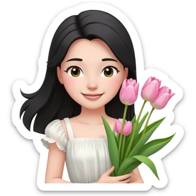  A girl Squint your eyes and smile with a black half-up half-down hairstyle, and a white dress, enjoying the spring breeze.Holding a bundle of pink tulips sticker