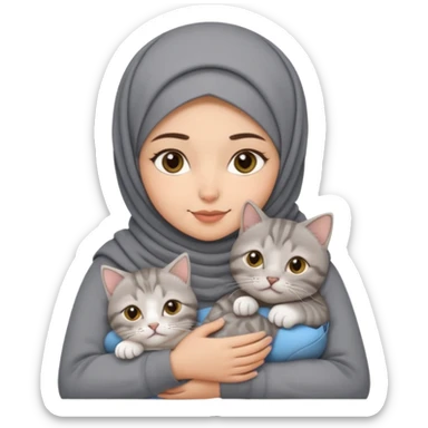 Middle Eastern hijabi girl with arched brows holding a grey tabby British shorthair, mum and kitten cat sticker