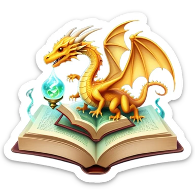 Icon for Fantasy and Sci-Fi Literature: a magical book with glowing pages, surrounded by a dragon, a spaceship, and a wizard with a staff. The icon should capture the adventurous and imaginative world of fantasy and science fiction. Transparent background. sticker
