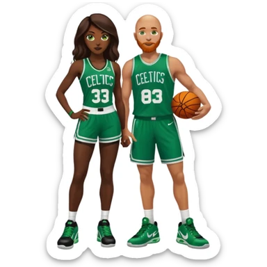 48-year-old dark skin black woman with brown eyes, long dark brown hair dressed in sexy 
celtics jersey costume outfit & stilettos. A bald white man with ginger beard. he has blue/green  eyes, wearing a Jason Tatum Boston Celtics Jersey, matching Nike sneakers  sticker