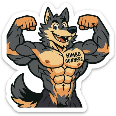 super buff, hyper-detailed wolf furry, shirtless, with 'Himbo Gunners' tattoo on chest, flexing with both arms, charming smile, highly defined muscles and fur sticker