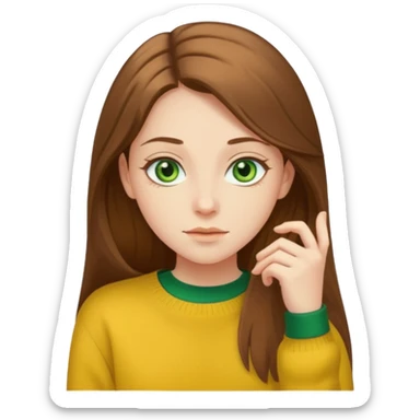 please create an emoji of a semi pale girl with long brown hair, green eyes, wearing a yellow sweater sticker