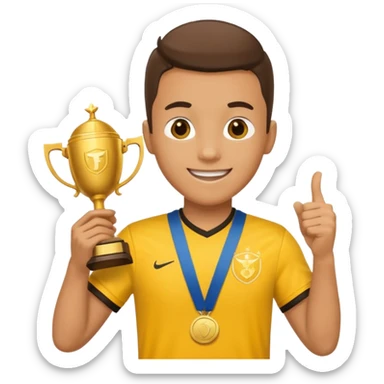 happy soccer player with a first-place medal and a trophy in yellow t-shirts sticker