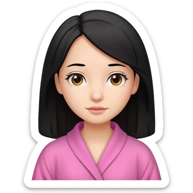 A girl who has black hair (straight but slightly wavy at the end), has a medium to bright skin tone, wearing a pink robe sticker