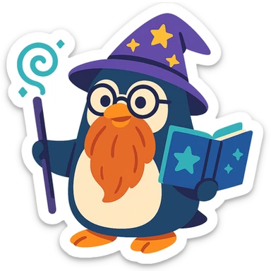 a chubby penguin wizard with glasses, a long beard, and a mystical book sticker