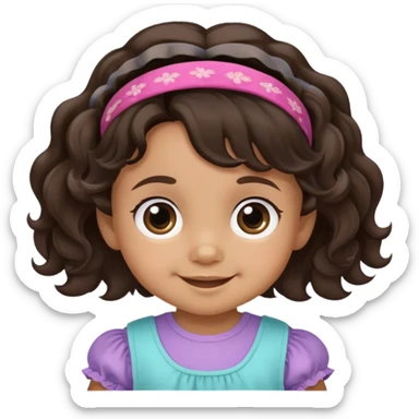 close-up of smiling toddler face only with big eyes, medium skin tone, dark wavy hair, and a hair band, no body sticker