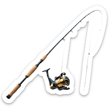 Cinematic Realistic Fishing Rod, sleek graphite rod with a smooth, polished reel, thin line disappearing into a shimmering lake, warm golden sunlight reflecting off the water, glowing with a tranquil and adventurous aura. sticker