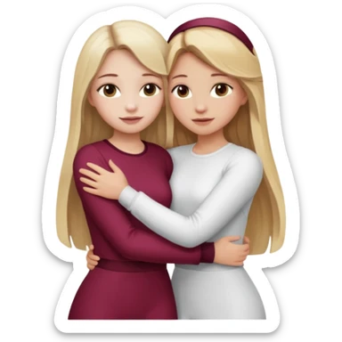 two girls who hug eachother. one has long dark blonde hair with blonde highlights and very pale skin , other has medium skintone and blush and medium blonde hair. girl with long dark blonde hair is wearing a white outfit and girl with blonde hair is wearing a burgundy outfit sticker