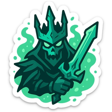 The Ruined King from League of Legends, stylized, focus on his jagged crown and spectral sword, glowing green mist, no text, emoji or icon style sticker